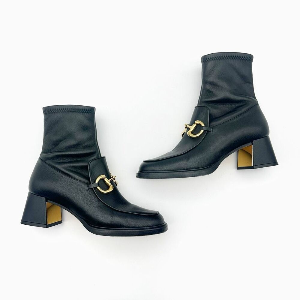 GUCCI Baby Bit Black Leather Boot Size 37 Mid Heel Bootie Square Toe Horsebit - Picture 8 of 12